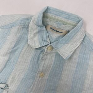 Tommy Bahama Button Down Shirt Men Large Light Blue Striped 100% Linen Short Slv